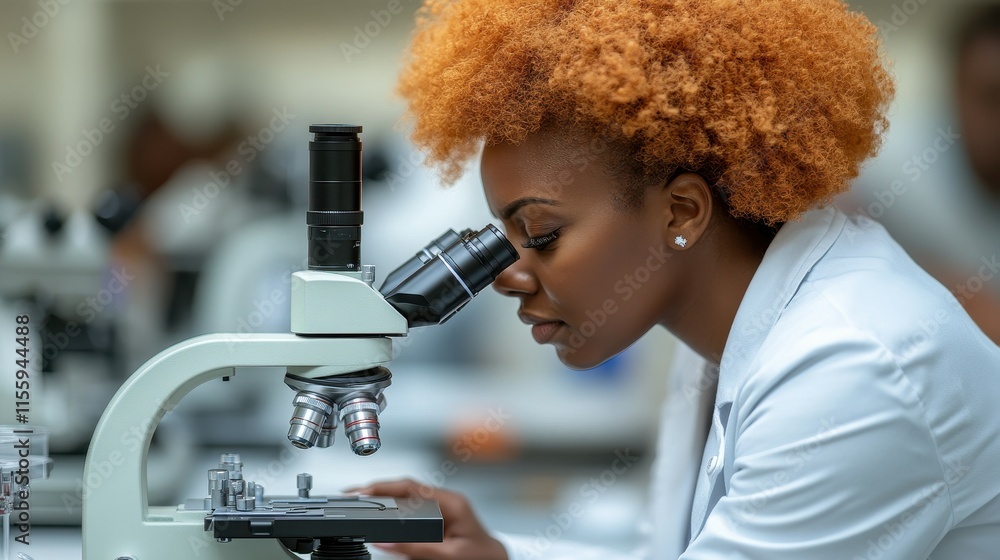 Poster a dedicated scientist with natural curly hair focuses intently on a microscope while analyzing a sam