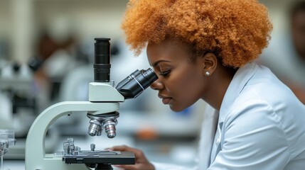 A dedicated scientist with natural curly hair focuses intently on a microscope while analyzing a sample in a bright laboratory during a research session