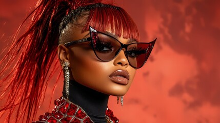 A woman with red hair wearing sunglasses and a red jacket