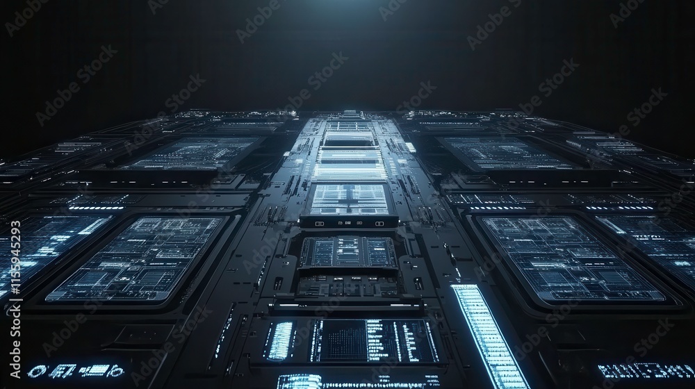 Poster glowing digital interface panels with buttons and screens