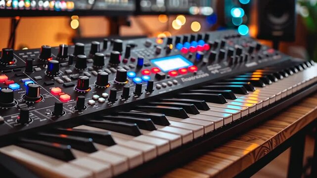 A colorful synthesizer is displayed prominently in a home studio, featuring illuminated controls and keys. The warm lighting creates an inviting atmosphere for music creation