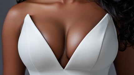 A woman in a white dress with a plunging neckline