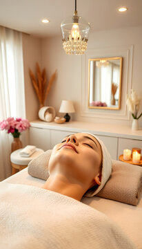 a beauty salon with a luxurious face massage session, beige tones throughout, masterpiece, with white tones