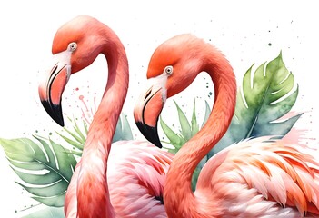 Fototapeta premium Two Delicate Flamingos with Tropical Leaves in Watercolor Style. Close-up watercolor illustration of two vibrant pink flamingos