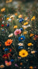 Colorful blooming flowers create a vibrant landscape in a sunny park during springtime