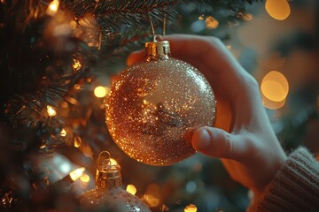 Hand placing a glittery gold ornament on a Christmas tree with warm lights in the background during...