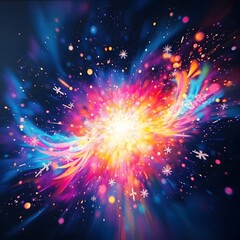 Cosmic explosion, vibrant colors, starry background, abstract space art, colorful nebula, glowing orbs, celestial burst, galaxy painting