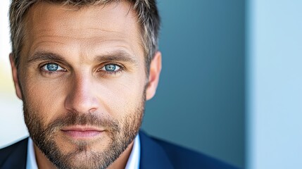 Fototapeta premium A close up of a man with blue eyes looking at the camera