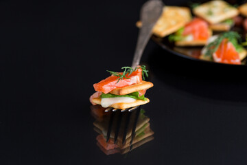 small snack canapes with crackers and lightly salted red fish Salmon, isolated on black background