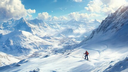 Skier in mountains, prepared piste and sunny day