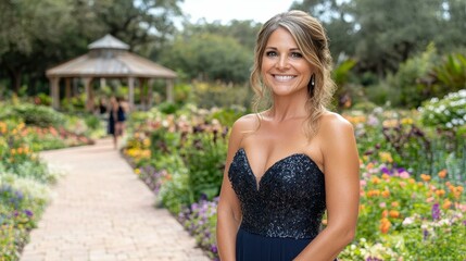 Naklejka premium A joyful woman stands in a vibrant garden, smiling confidently while wearing an elegant gown. Lush flowers and greenery surround her, creating a picturesque backdrop