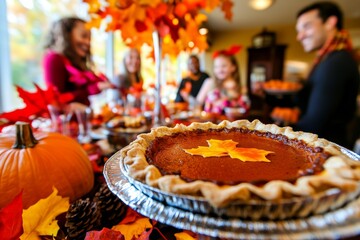 A happy black woman is preparing Thanksgiving dessert for her family at the dining table.