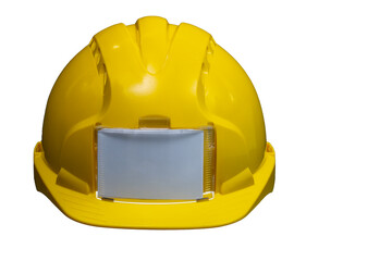 Yellow hard hat showing blank name tag area for personalization