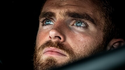 Obraz premium A close up of a man's face with blue eyes