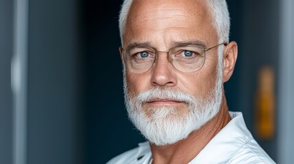 A man with a white beard and glasses looking at the camera