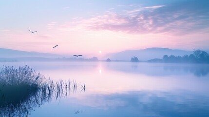 Fototapeta premium Serene Sunrise over Misty Lake
