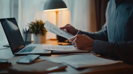 Man reviewing documents at home office, working late at night, illuminated by a desk lamp, showcasing a calm and focused atmosphere.