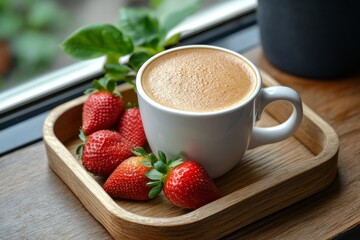 Fresh strawberries accompany a latte in a cozy caf setting during morning hours
