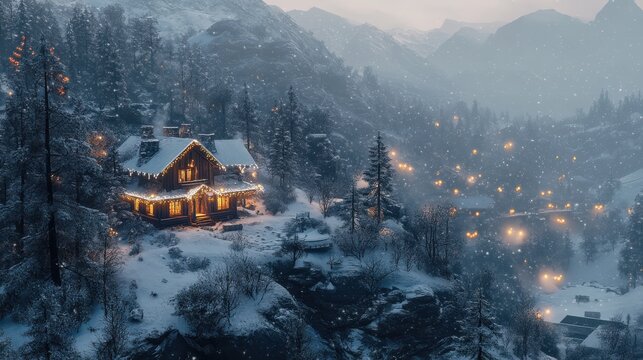 Fairy Christmas landscape with glowing wooden cabin in snowy forest. Cozy house in winter mountains