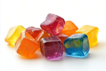 Colorful gelatin cubes stacked on a white surface in a bright setting