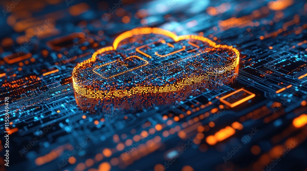 Poster glowing cloud computing icon on circuit board.