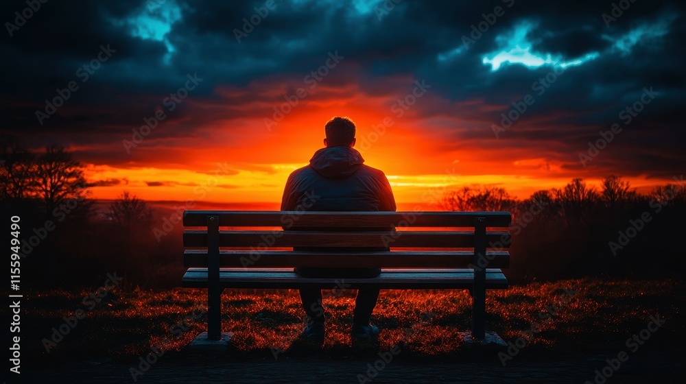 Poster a silhouette of an individual on a bench gazes at a stunning sunset. the colorful sky features an ar