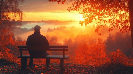 Obraz premium A man sits on a bench, gazing at the stunning autumn sunset that paints the sky in vibrant hues. The peaceful forest in the background adds to the serene atmosphere of the moment