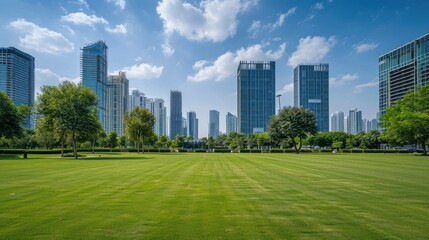 Obraz premium Urban Oasis: Skyscrapers and Lush Green Park