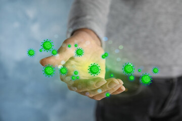 Woman offering hand, closeup. Pathogens transmission, illustration of microbes