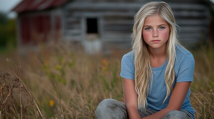 Obraz premium A young girl with long blonde hair sits in tall grass, looking thoughtfully at the camera. The backdrop features a weathered barn, indicating a tranquil rural atmosphere