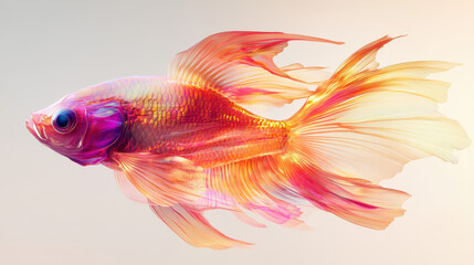 Fototapeta premium A surreal illustration of a fish with iridescent pink and golden scales, depicted in a semi-transparent style, the fish appears suspended mid-air against a spotless white backdrop