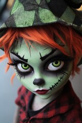 A close up of a doll with green eyes and red hair
