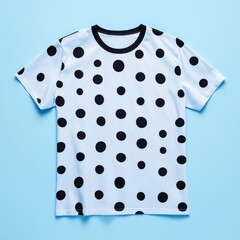 White T-shirt with black polka dots on blue background.