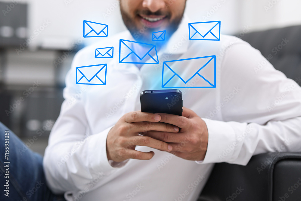 Poster man using mobile phone indoors, closeup. new message notification near device. illustration of envel