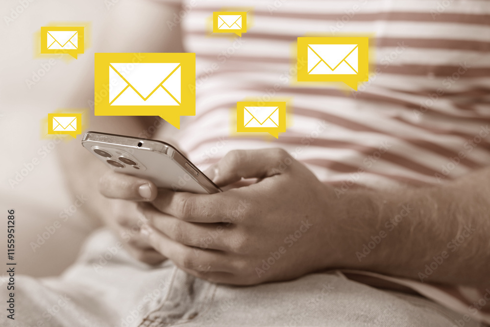 Poster man using mobile phone, closeup. new message notification near device. illustration of envelope