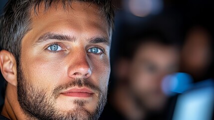 Fototapeta premium A close up of a man with blue eyes looking at the camera