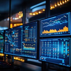 A workspace with multiple monitors displaying financial data and analytics.