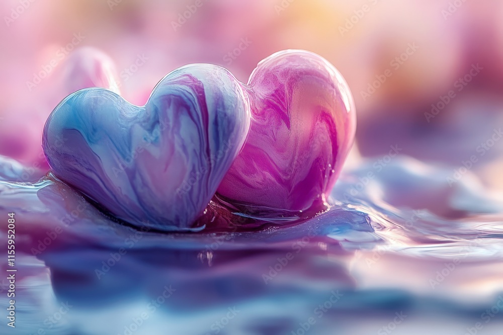 Poster heart-shaped decorations floating in vibrant colors on a smooth surface during a tranquil setting