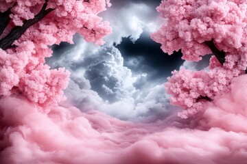 Fototapeta premium A pink cloud filled sky with trees in the middle of it