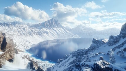 Obraz premium Crater Lake in the winter with snow covered mountains in the background
