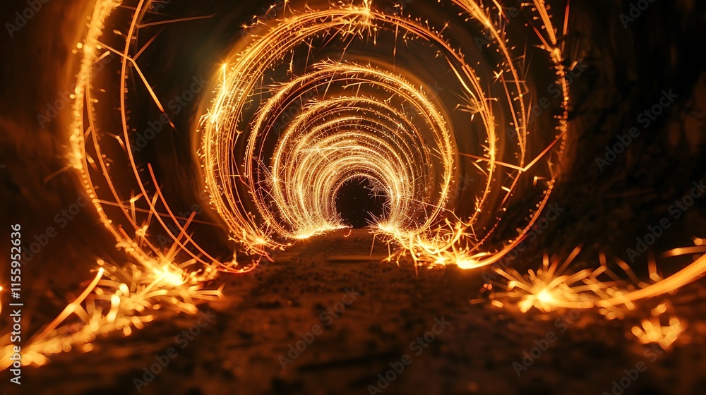 Poster sparklers forming a light tunnel effect, captured with a slow shutter speed.