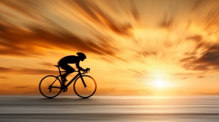 Fototapeta premium A man riding a bike on a road at sunset