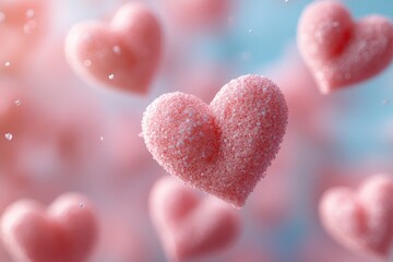 Obraz premium Colorful pink heart-shaped candies floating on a soft blue background, evoking a sweet and playful atmosphere