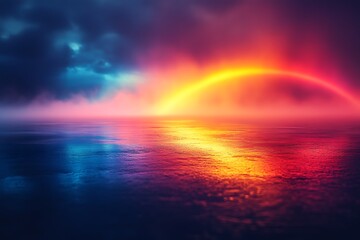 A vibrant rainbow arches over a tranquil sea at sunset, casting a magical glow.