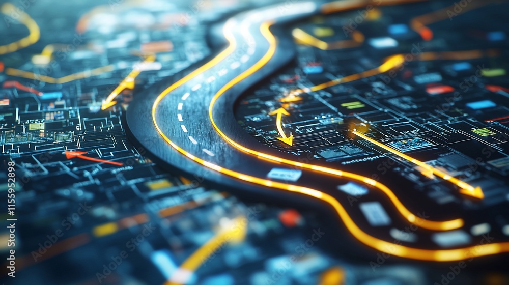Poster futuristic road map with glowing path and arrows.