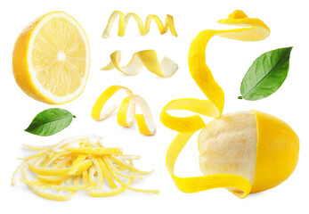 Fresh lemons, peels and zest on white background