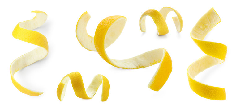 Fresh lemon peels isolated on white, collage