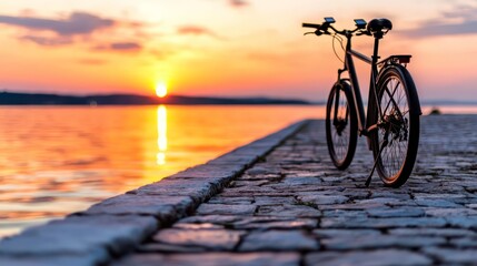 Fototapeta premium A bicycle is parked on the edge of a pier at sunset