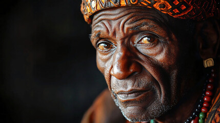 Close-up portrait of a wise elderly man in traditional attire, ideal for cultural events, articles on wisdom, or marketing materials celebrating heritage.