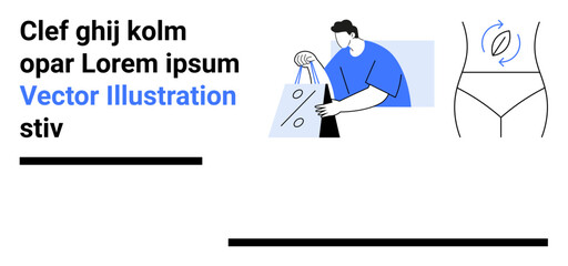 Person holding shopping bags, text block with placeholder text, and stylized depiction of waist with healthy lifestyle symbol. Ideal for marketing, retail, lifestyle, environment, fitness, health